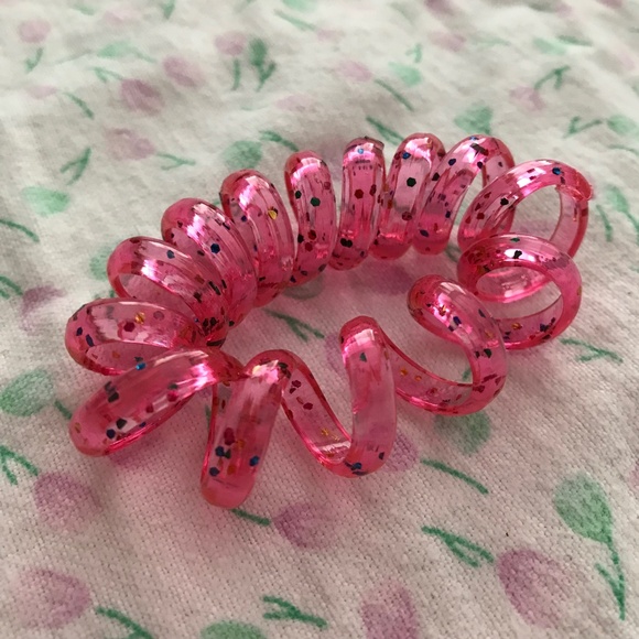 Plastic Elastic Coil Scrunchie Hair Tie Pink Dots Spiral Size 2 Inch - Picture 1 of 2